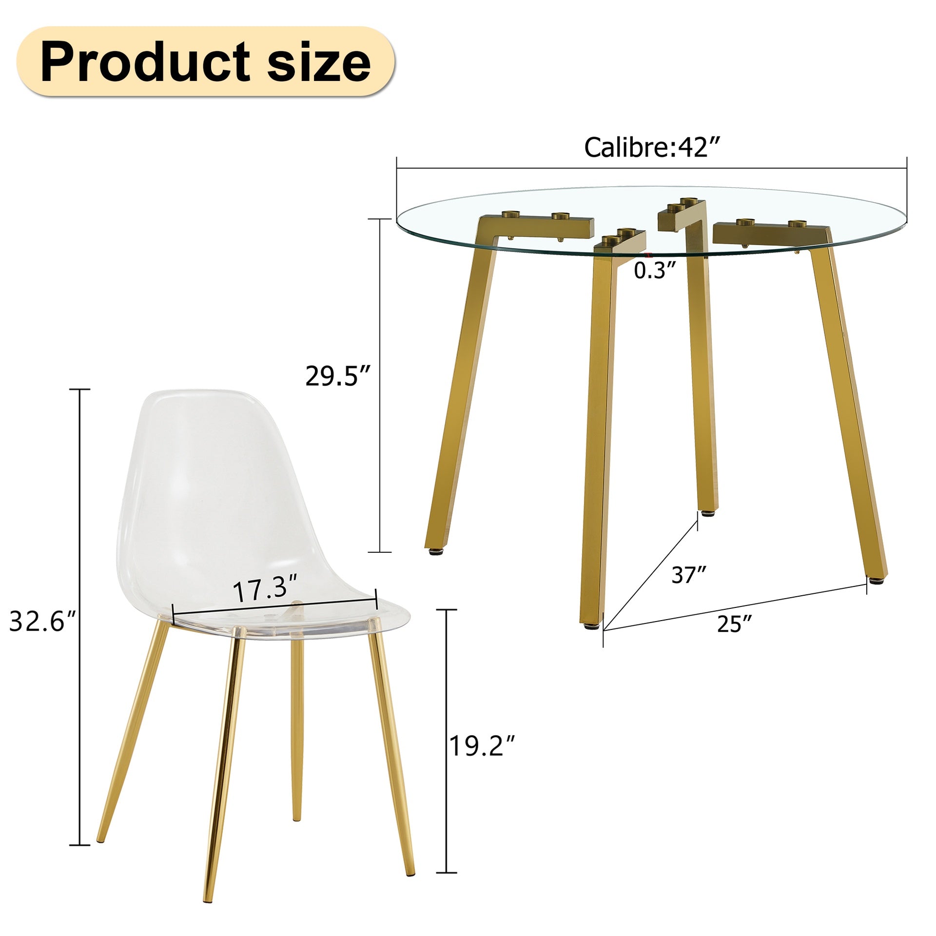 Table and chair set.Modern circular transparent tempered glass table, tempered glass tabletop, golden metal table legs.A Set of  6 Transparent Plastic Chairs with gold legs.
