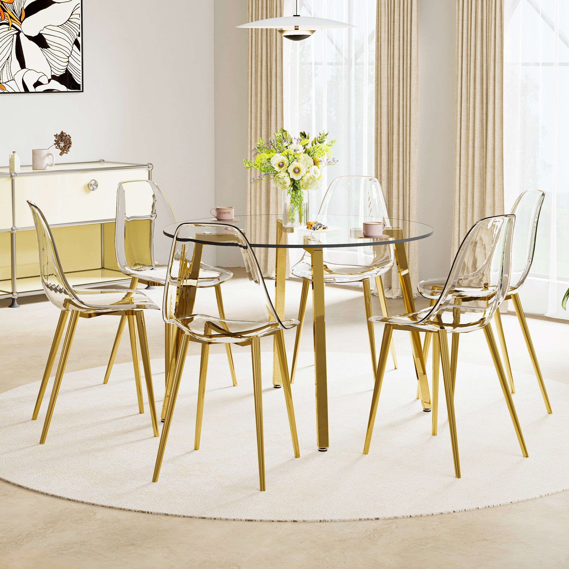 Table and chair set.Modern circular transparent tempered glass table, tempered glass tabletop, golden metal table legs.A Set of  6 Transparent Plastic Chairs with gold legs.