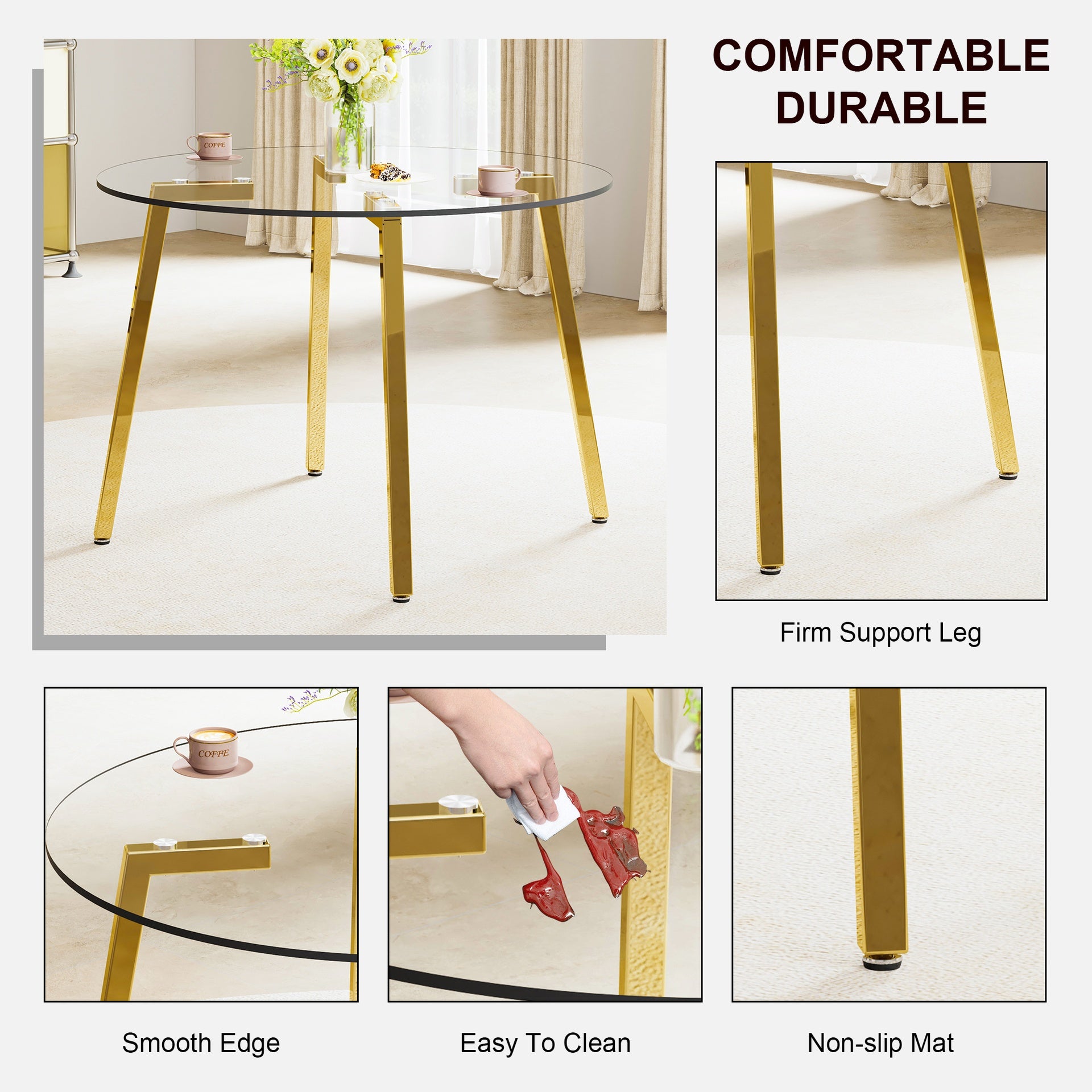 Table and chair set.Modern circular transparent tempered glass table, tempered glass tabletop, golden metal table legs.A Set of  6 Transparent Plastic Chairs with gold legs.