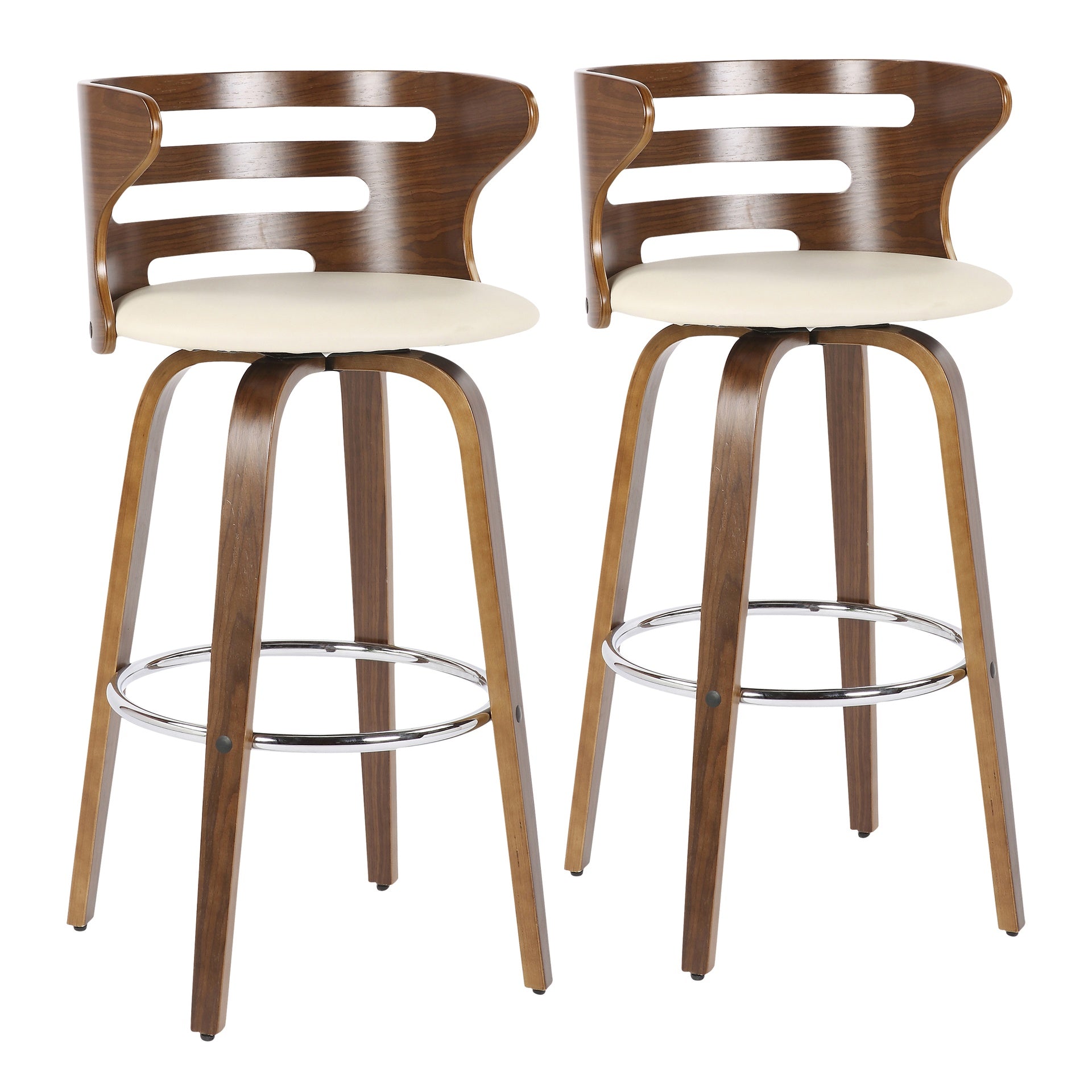 Cosini Mid-Century Modern Barstool with Swivel in Walnut and Cream Faux Leather by LumiSource - Set of 2