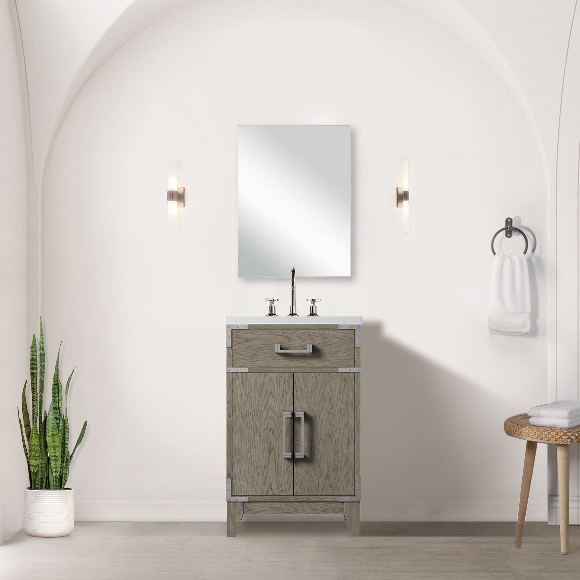 Grey Oak Single Bath Vanity 20 in. W x 18 in. D, Acrylic Countertop, 18 in. Mirror and Faucet Set