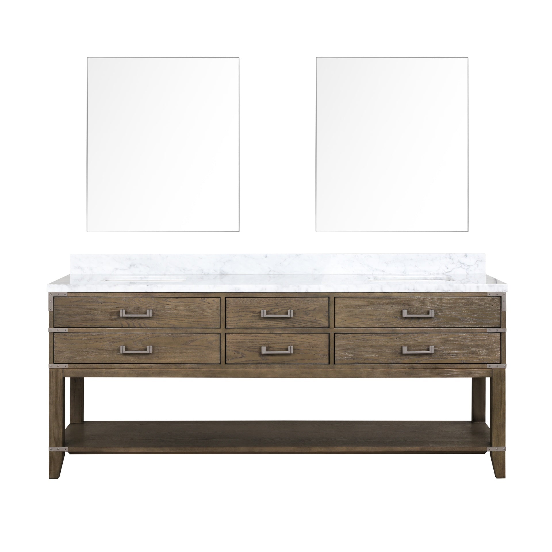Grey Oak Double Bath Vanity 80 in. W x 22 in. D, Carrara Marble Top, and 36 in. Mirrors