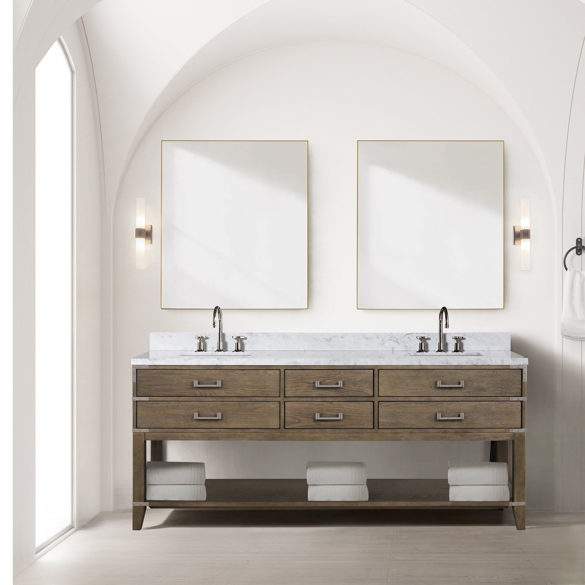 Grey Oak Double Bath Vanity 80 in. W x 22 in. D, Carrara Marble Top, and 36 in. Mirrors