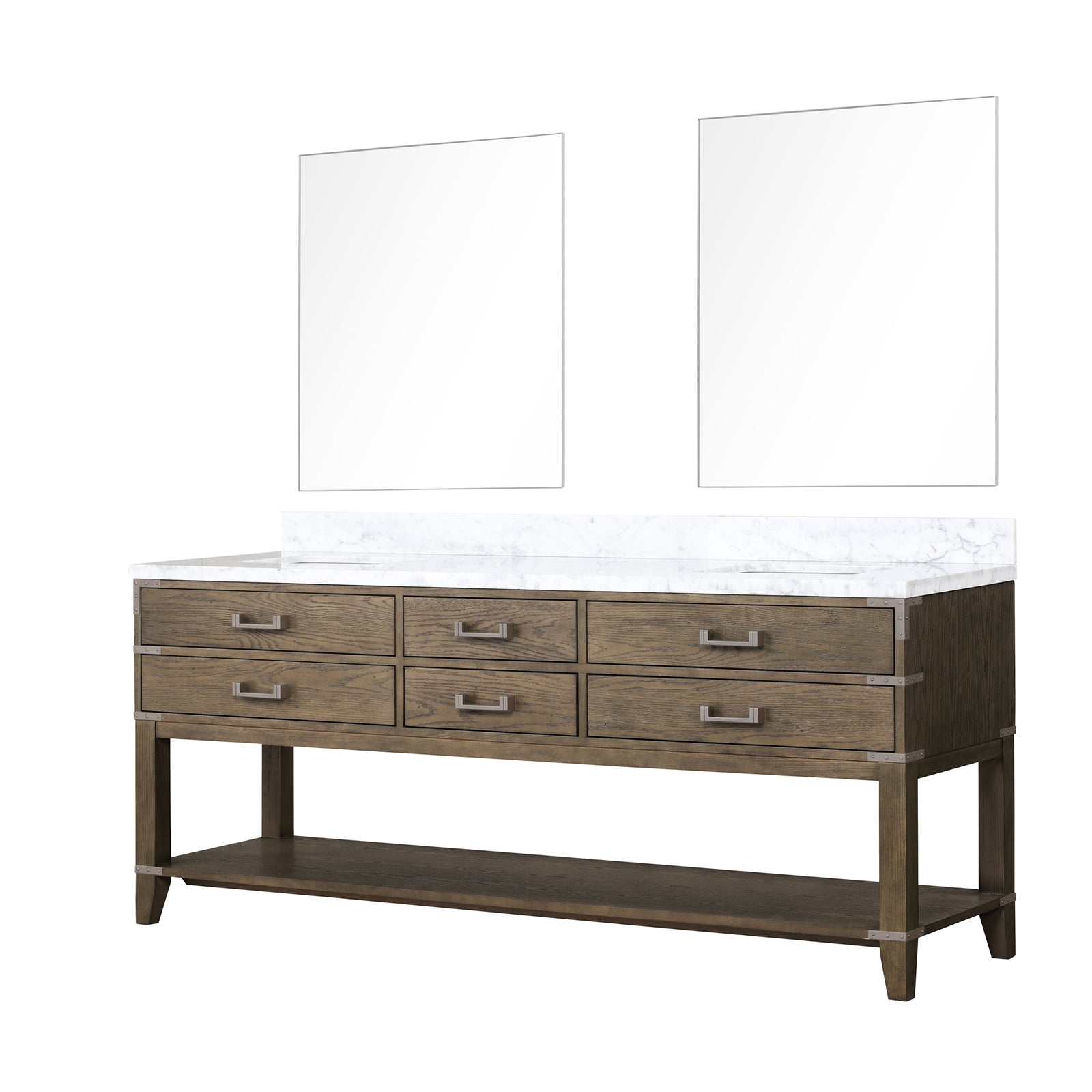 Grey Oak Double Bath Vanity 80 in. W x 22 in. D, Carrara Marble Top, and 36 in. Mirrors