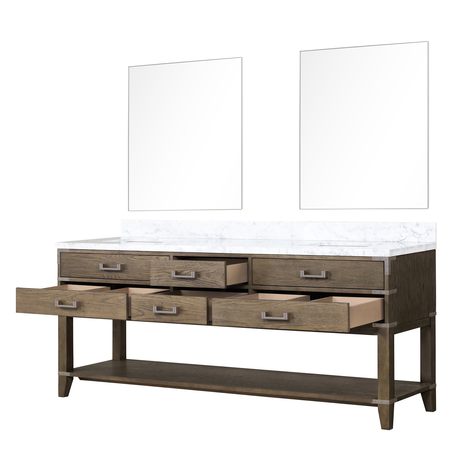 Grey Oak Double Bath Vanity 80 in. W x 22 in. D, Carrara Marble Top, and 36 in. Mirrors