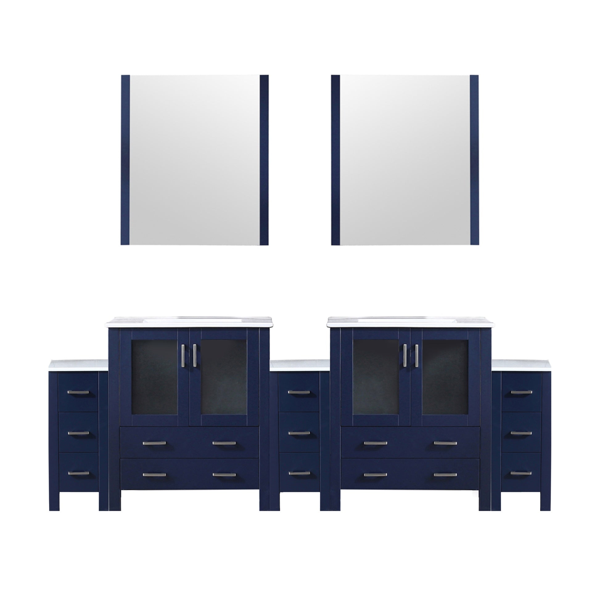 Navy Blue Double Bath Vanity 96 in. W x 18.25 in. D, with Side Cabinets, White Ceramic Top, and 28 in. Mirrors