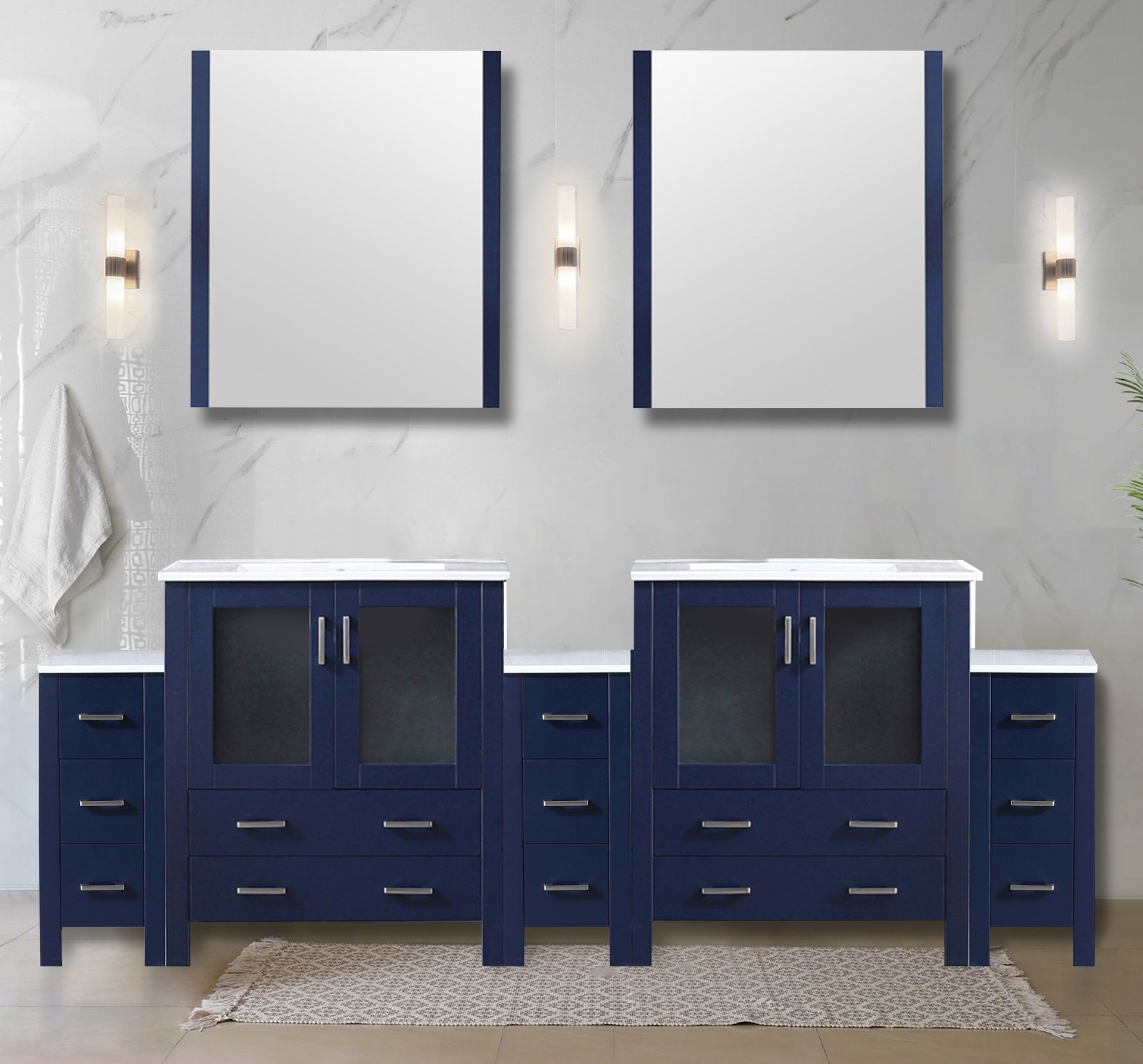 Navy Blue Double Bath Vanity 96 in. W x 18.25 in. D, with Side Cabinets, White Ceramic Top, and 28 in. Mirrors