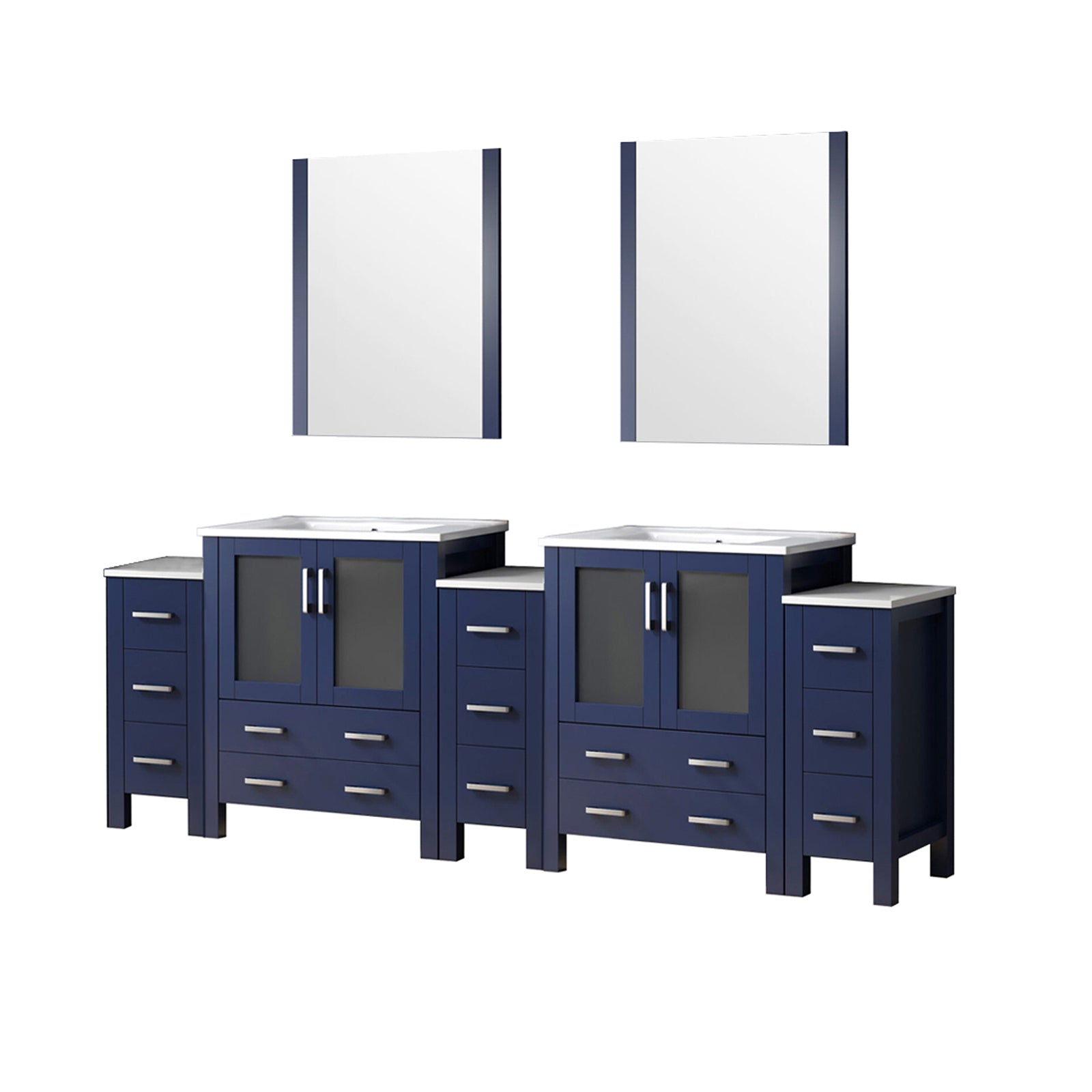 Navy Blue Double Bath Vanity 96 in. W x 18.25 in. D, with Side Cabinets, White Ceramic Top, and 28 in. Mirrors