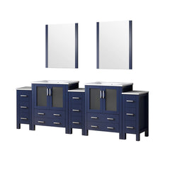 Navy Blue Double Bath Vanity 96 in. W x 18.25 in. D, with Side Cabinets, White Ceramic Top, and 28 in. Mirrors