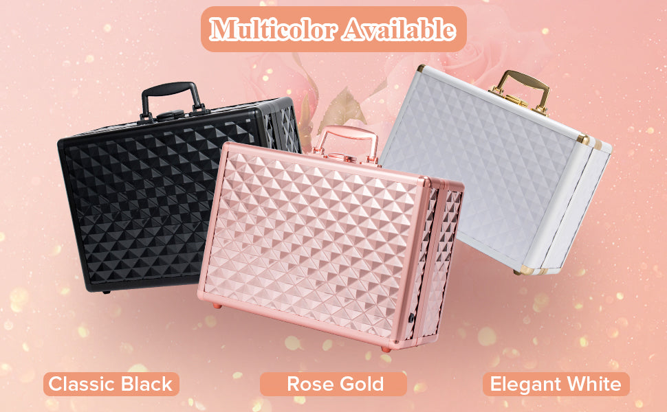 Portable Makeup Case with LED Mirror Travel Makeup Bag Cosmetic Organizer Box with Locks, Brush Holder, Dividers, Rechargeable, Rose Gold