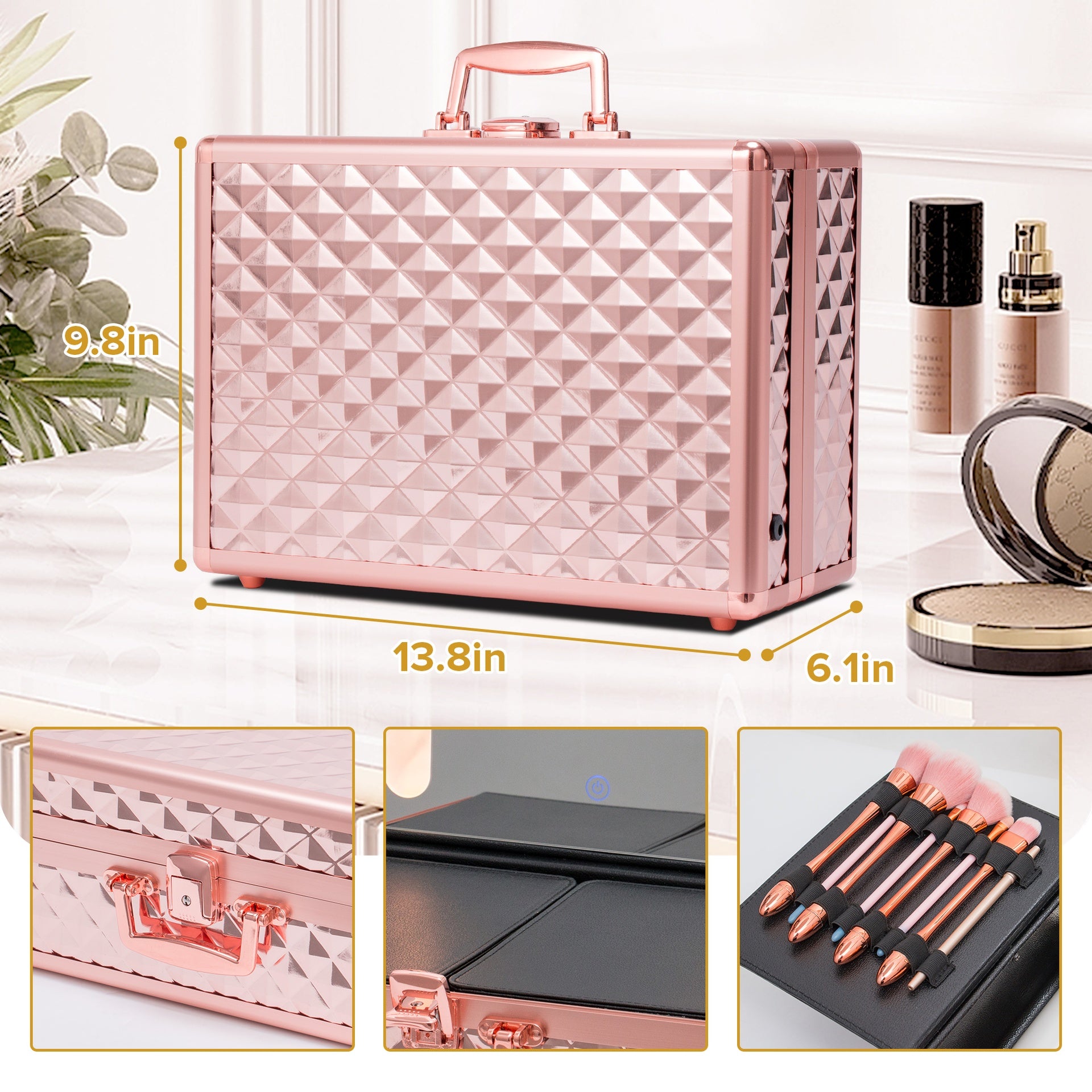 Portable Makeup Case with LED Mirror Travel Makeup Bag Cosmetic Organizer Box with Locks, Brush Holder, Dividers, Rechargeable, Rose Gold
