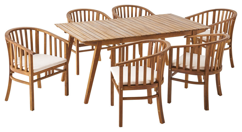 Outdoor 6 Seater Acacia Wood Dining Set with Cushins,Finish and Cream