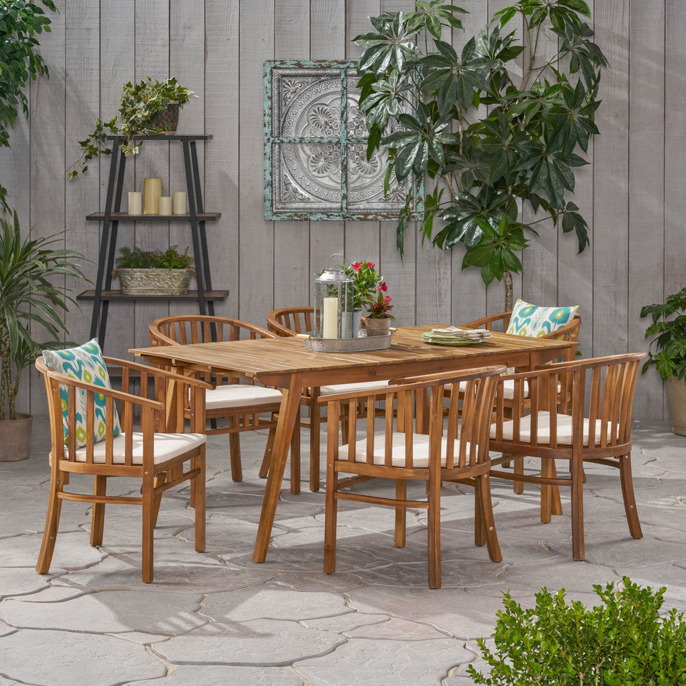 Outdoor 6 Seater Acacia Wood Dining Set with Cushins,Finish and Cream