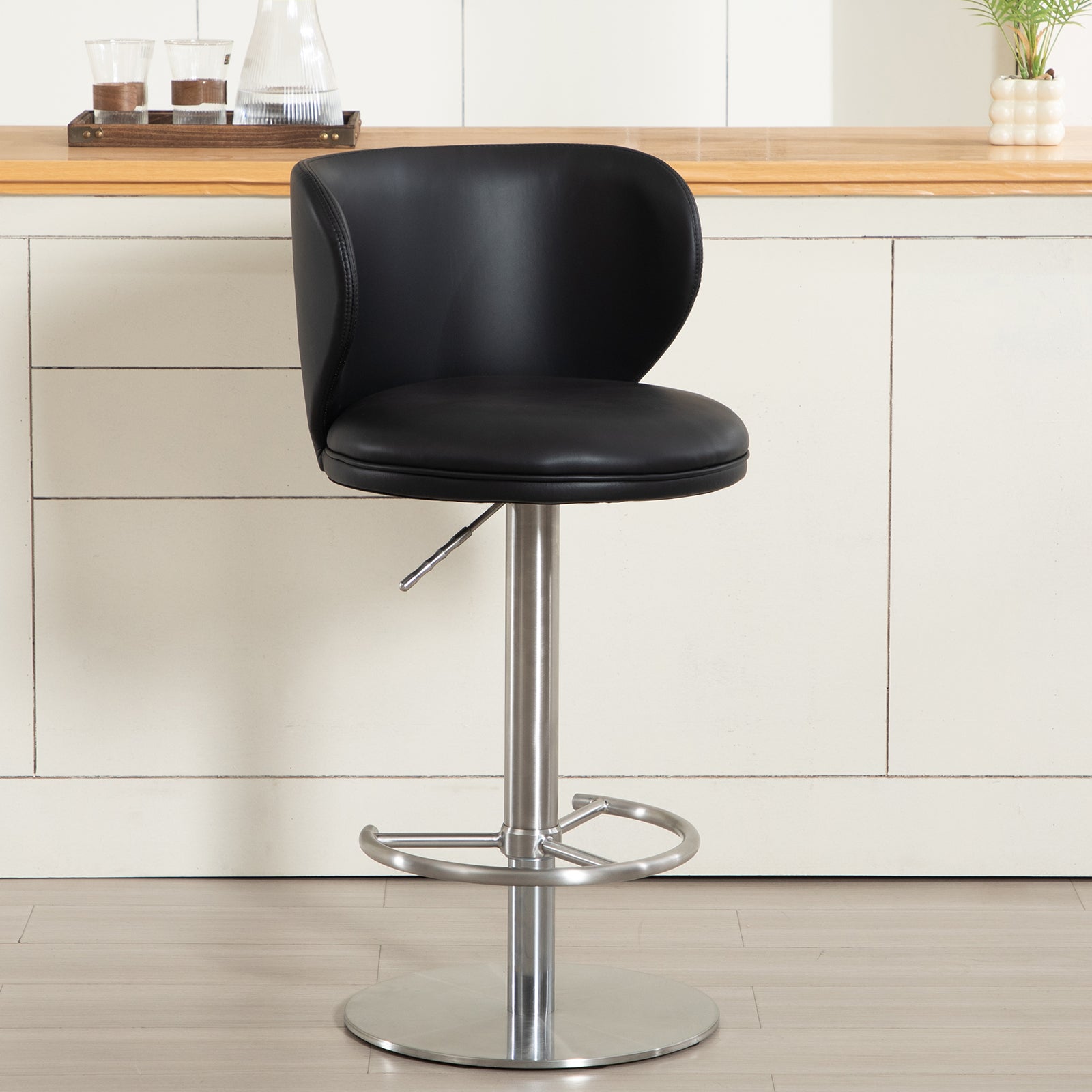 Titanium Stainless Steel Bar Stools,Grade Modern Leather Bar Chair with Backrest,Swivel Adjustable Height for Kitchen Counter and Dining Room (Black 1pc)