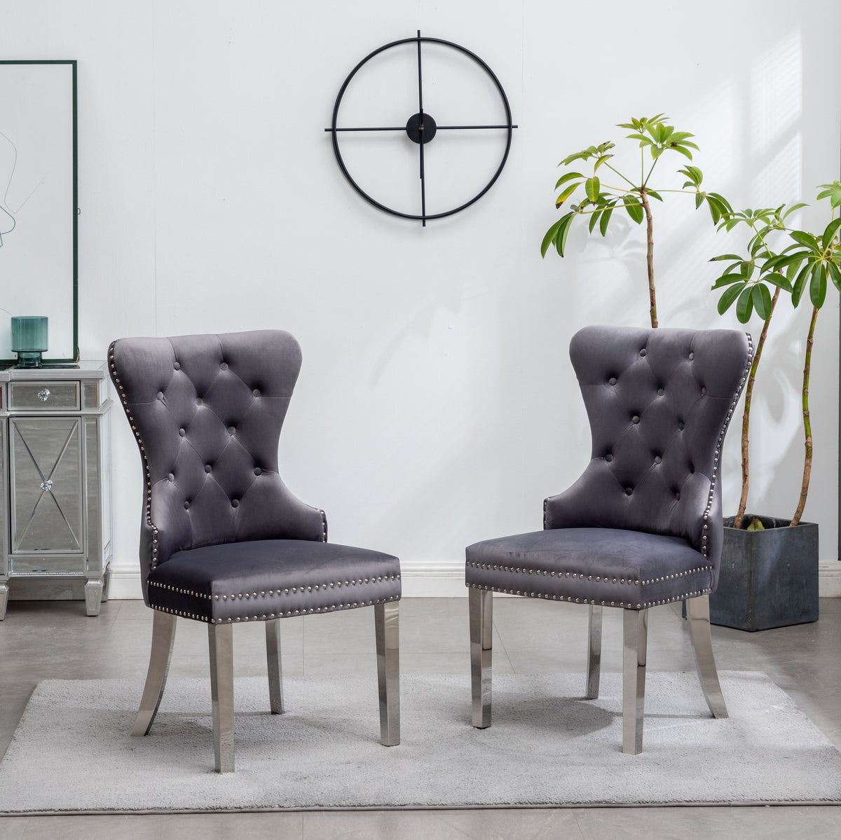Montura Contemporary Tufted Velvet Chair with Nailhead Trim, Set of 2, Gray