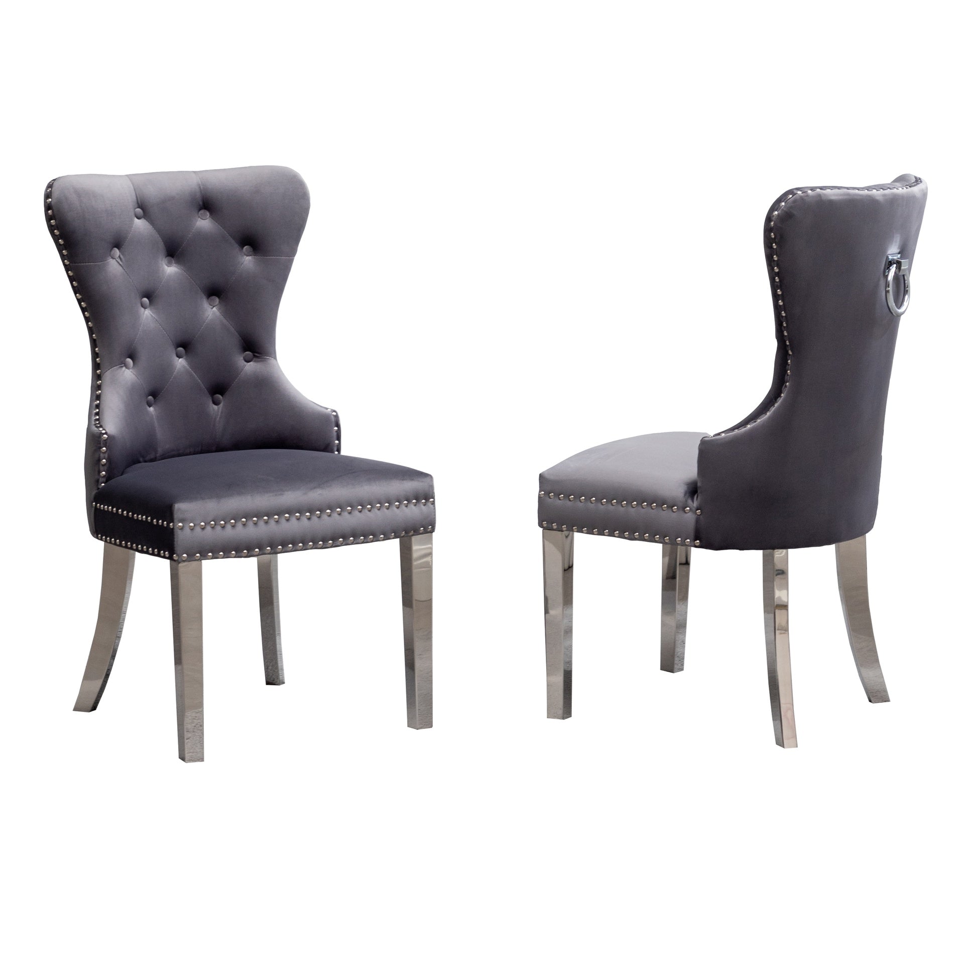 Montura Contemporary Tufted Velvet Chair with Nailhead Trim, Set of 2, Gray