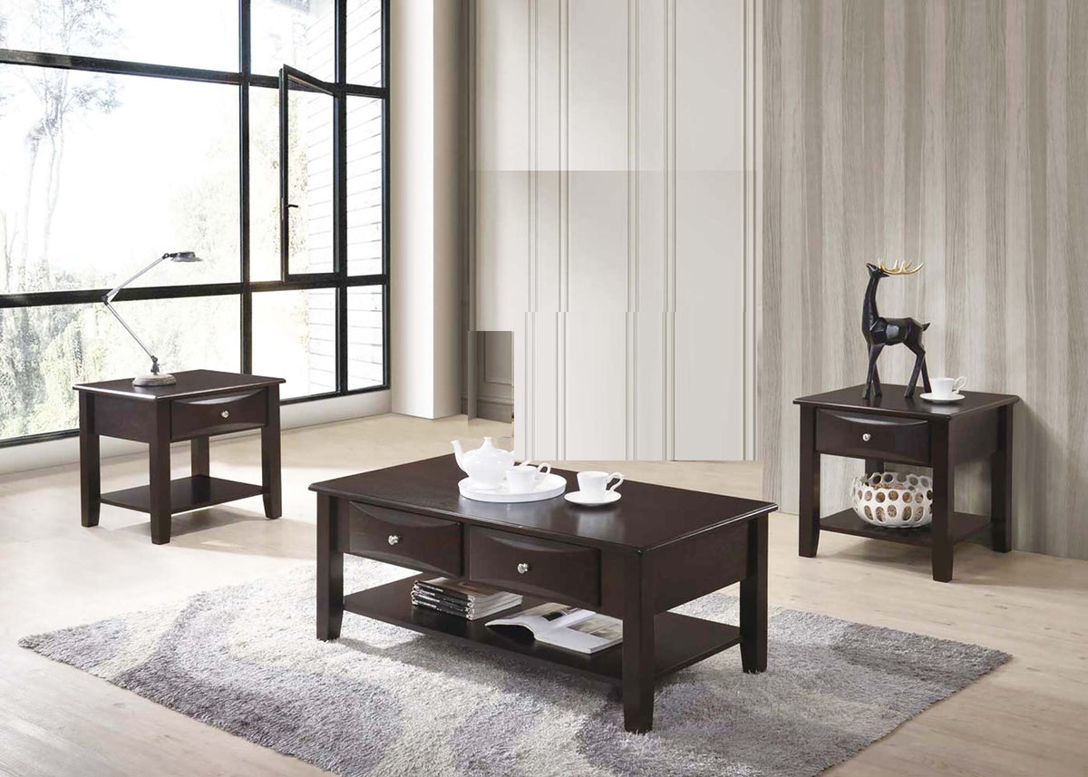 Espresso Finish 3pc Occasional Table Set Living Room 1x Coffee Table 2x End Tables Wooden Classic Drawers Open Storage Shelf Base