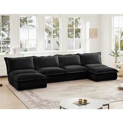 Slipcovered U Shape 4 Seater Sectional Long Sectionl Cocuh, Armless Sectional Sofa with Reversible Ottoman and French Edge Design Big Pillows, Comfortable Deep Seat Sectional Cloud Couch, Chenille