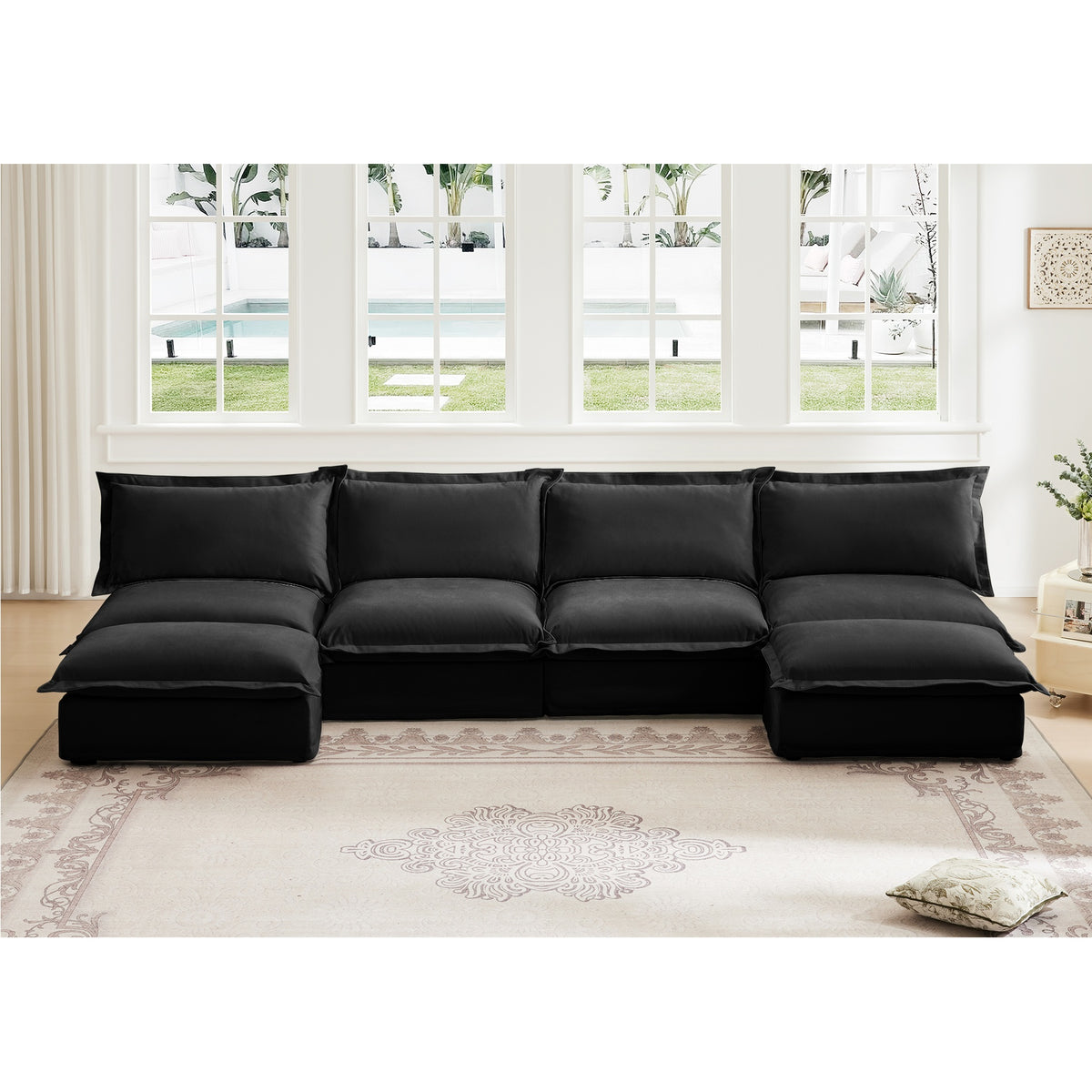 Slipcovered U Shape 4 Seater Sectional Long Sectionl Cocuh, Armless Sectional Sofa with Reversible Ottoman and French Edge Design Big Pillows, Comfortable Deep Seat Sectional Cloud Couch, Chenille