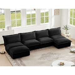 Slipcovered U Shape 4 Seater Sectional Long Sectionl Cocuh, Armless Sectional Sofa with Reversible Ottoman and French Edge Design Big Pillows, Comfortable Deep Seat Sectional Cloud Couch, Chenille
