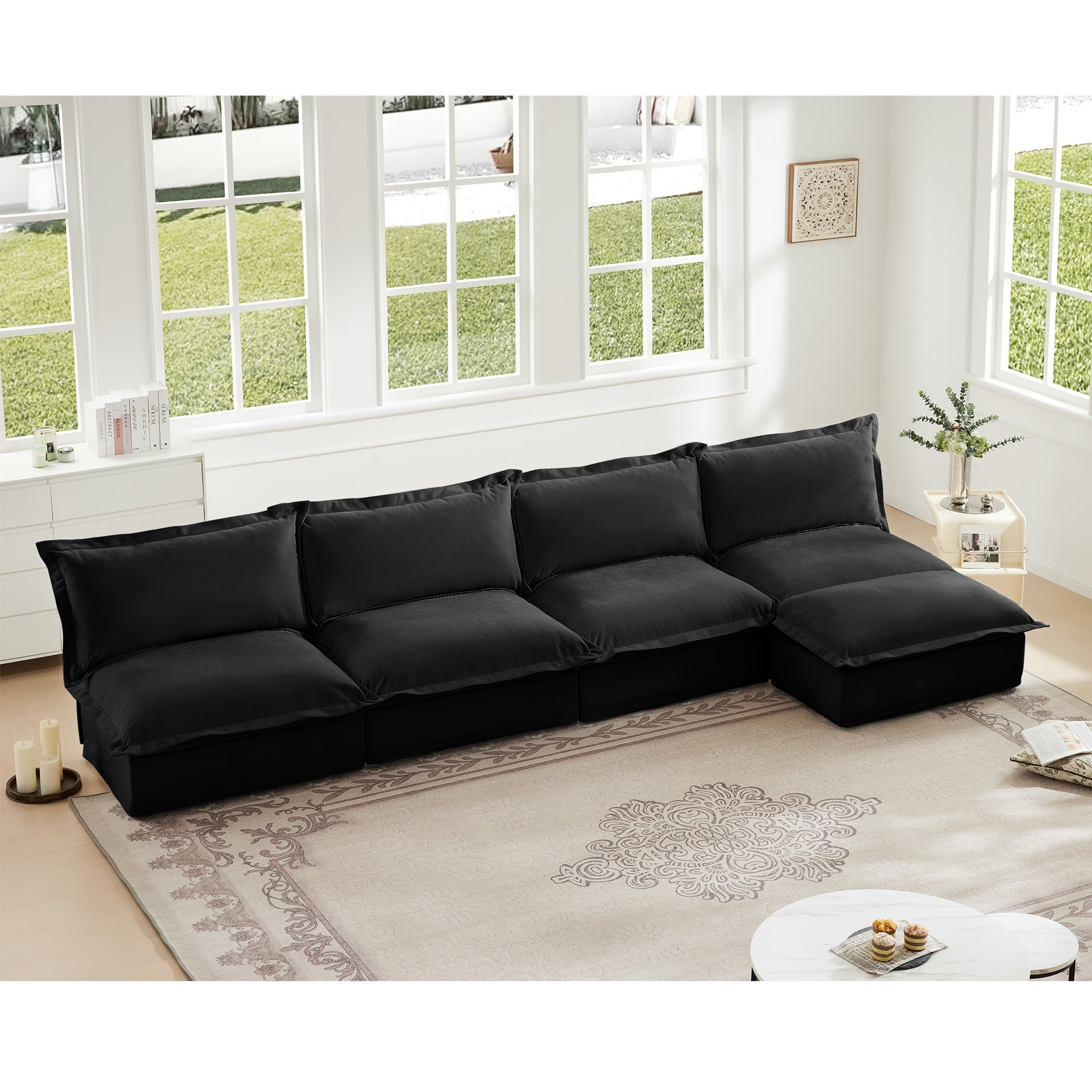 Slipcovered Modular Armless 4 Seater Sectional Sofa with Removable Ottoman,  Extra Deep Sectional Couch for Living Room, Cloud Like Comfy Sofa Couch, Black Chenille Fabric