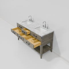 Grey Oak Double Bath Vanity 60 in. W x 22 in. D, Carrara Marble Top, and Faucet Set