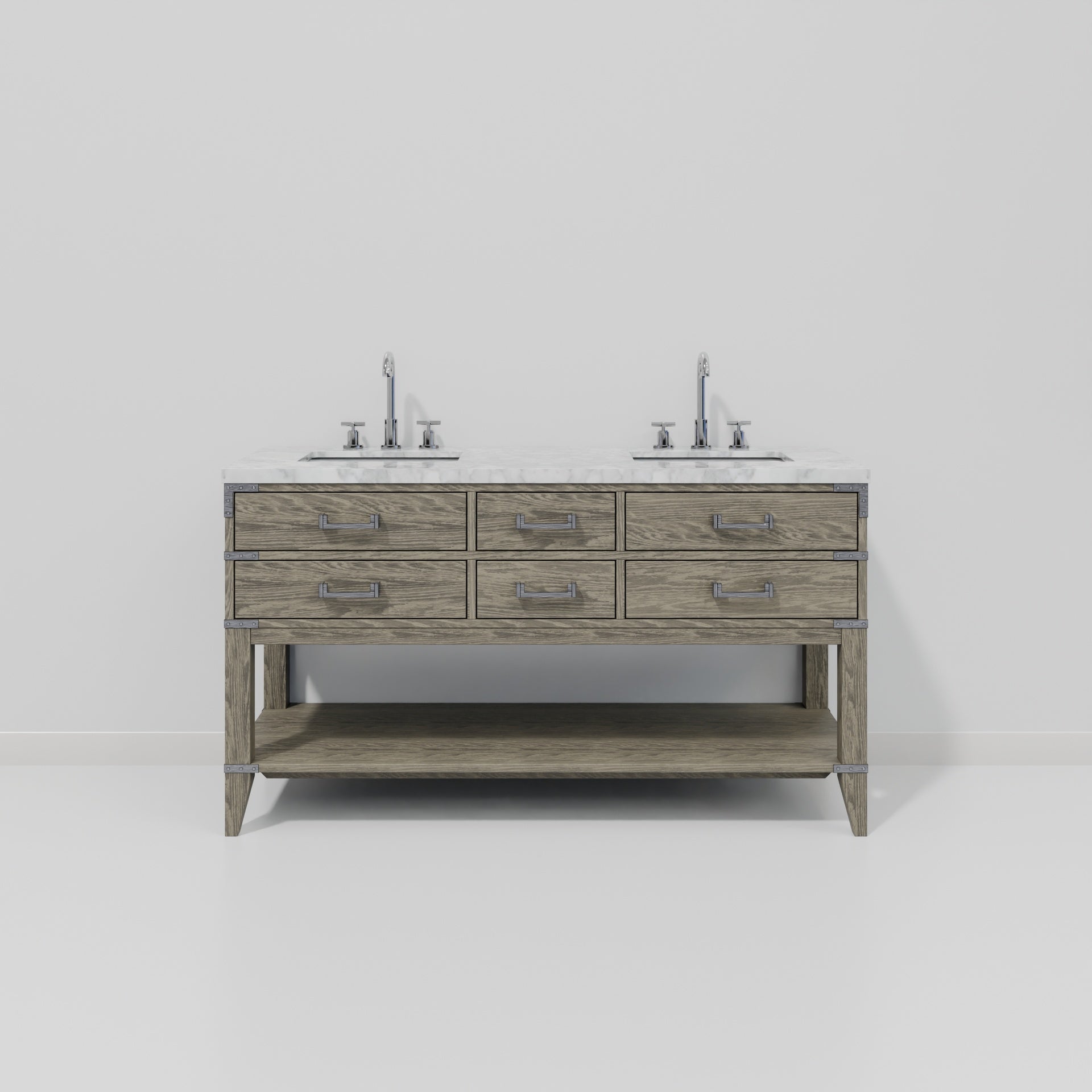 Grey Oak Double Bath Vanity 60 in. W x 22 in. D, Carrara Marble Top, and Faucet Set