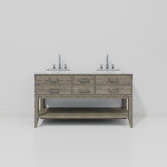 Grey Oak Double Bath Vanity 60 in. W x 22 in. D, Carrara Marble Top, and Faucet Set