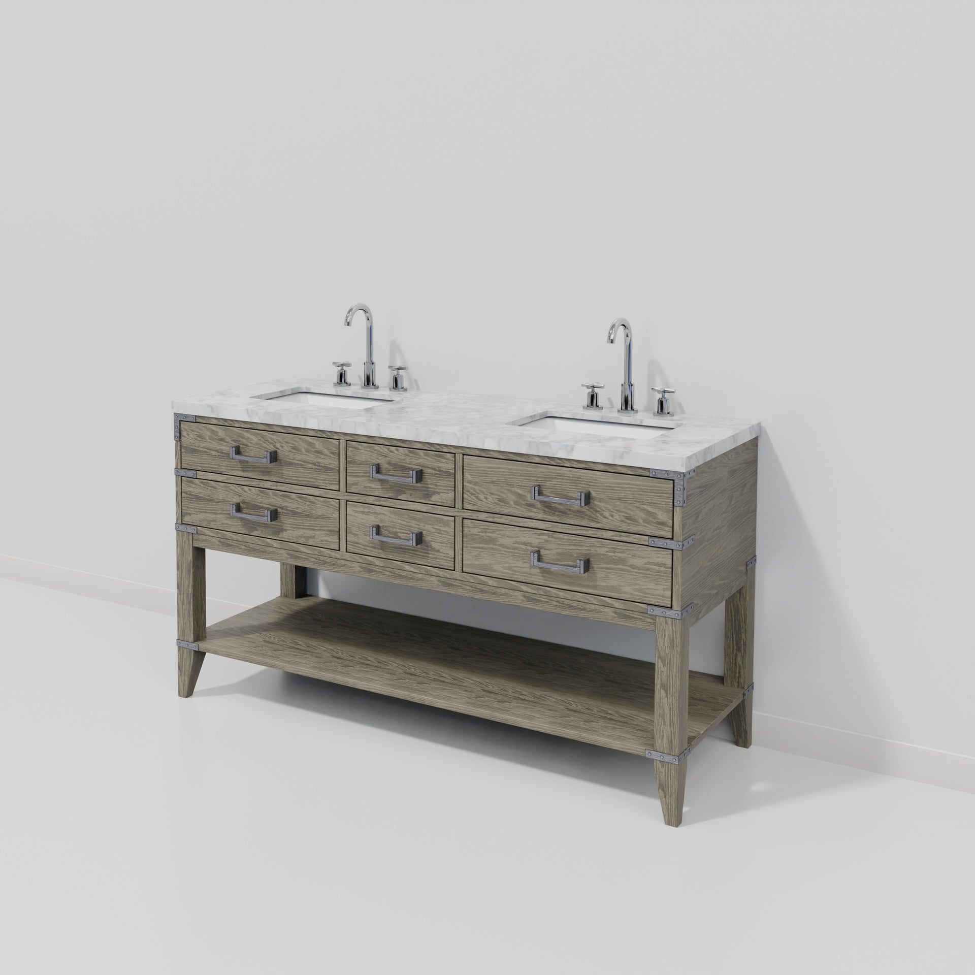 Grey Oak Double Bath Vanity 60 in. W x 22 in. D, Carrara Marble Top, and Faucet Set