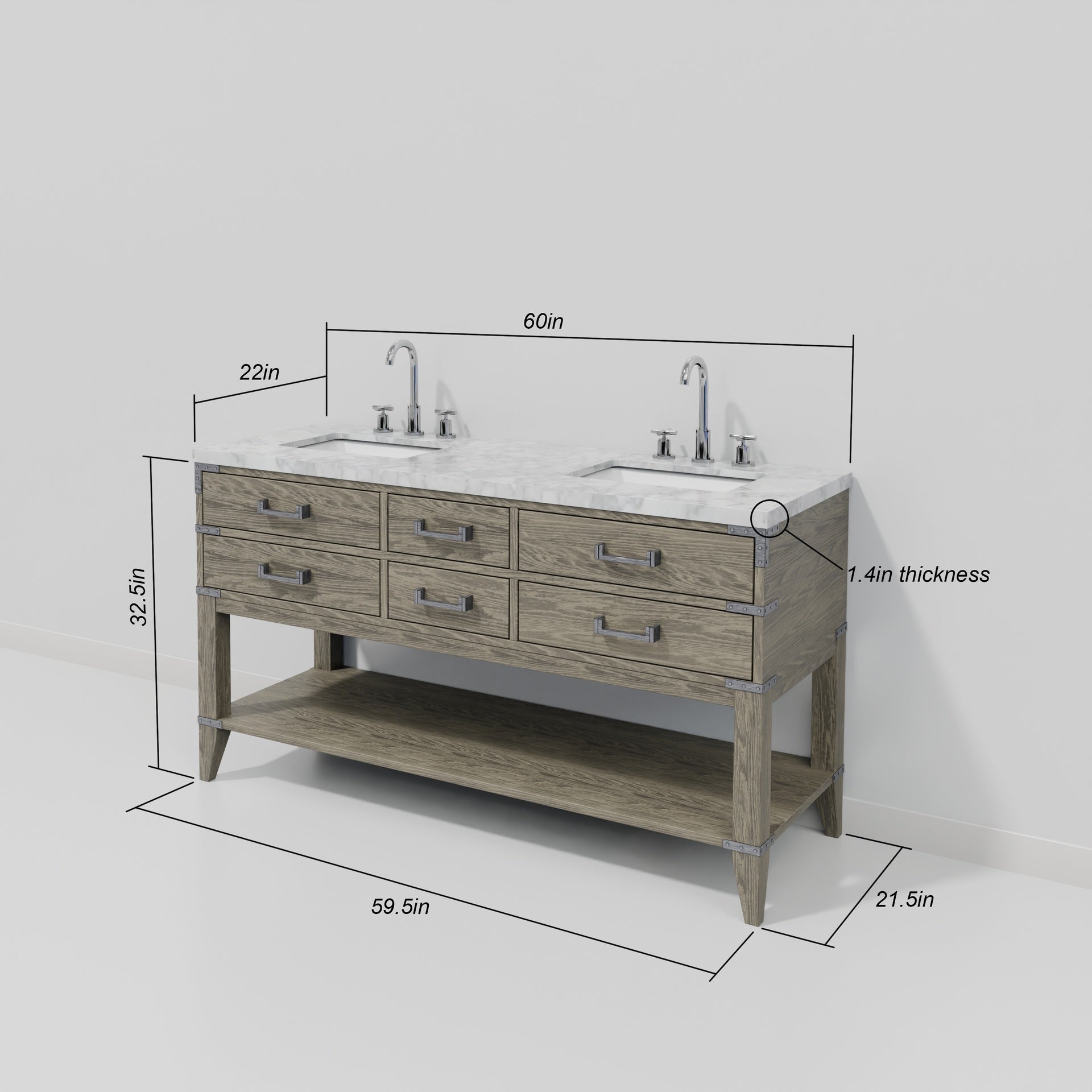 Grey Oak Double Bath Vanity 60 in. W x 22 in. D, with Carrara Marble Top