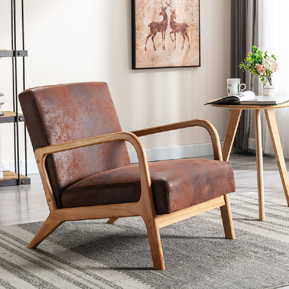Classic Mid Century Modern Accent Chairs for Living Room or Bedroom, Espresso Finish Open-Framed Armchair with Plush Cushioning and Microfiber Upholstery, Brown