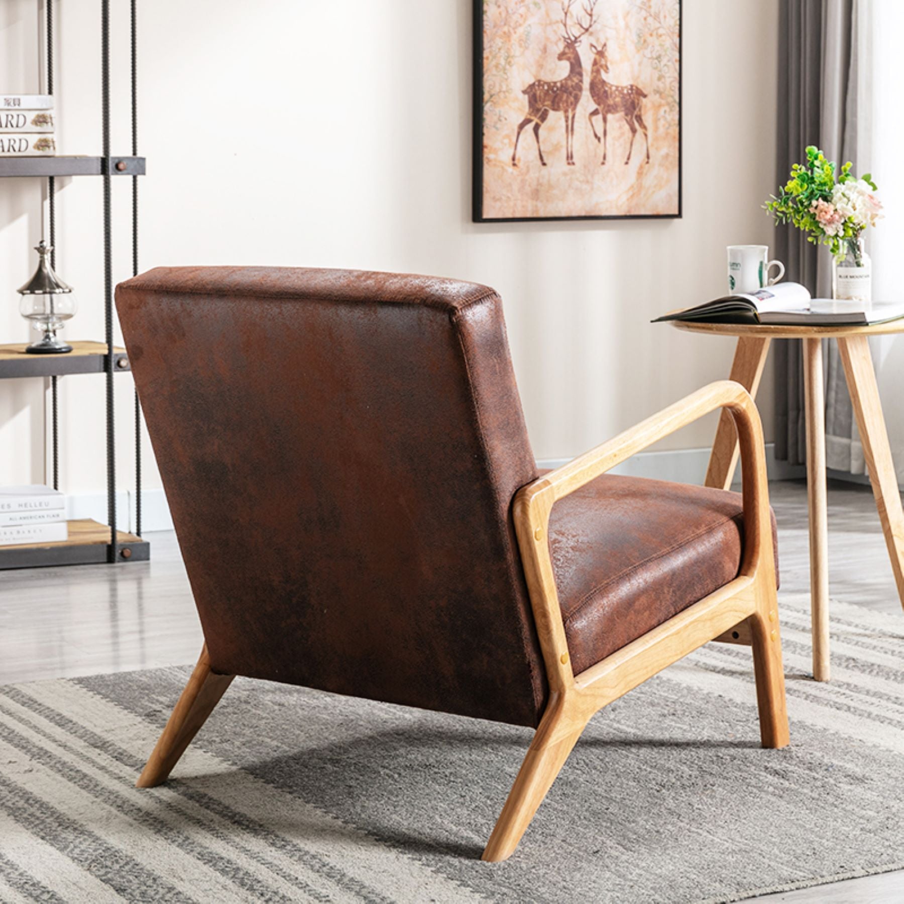 Classic Mid Century Modern Accent Chairs for Living Room or Bedroom, Espresso Finish Open-Framed Armchair with Plush Cushioning and Microfiber Upholstery, Brown