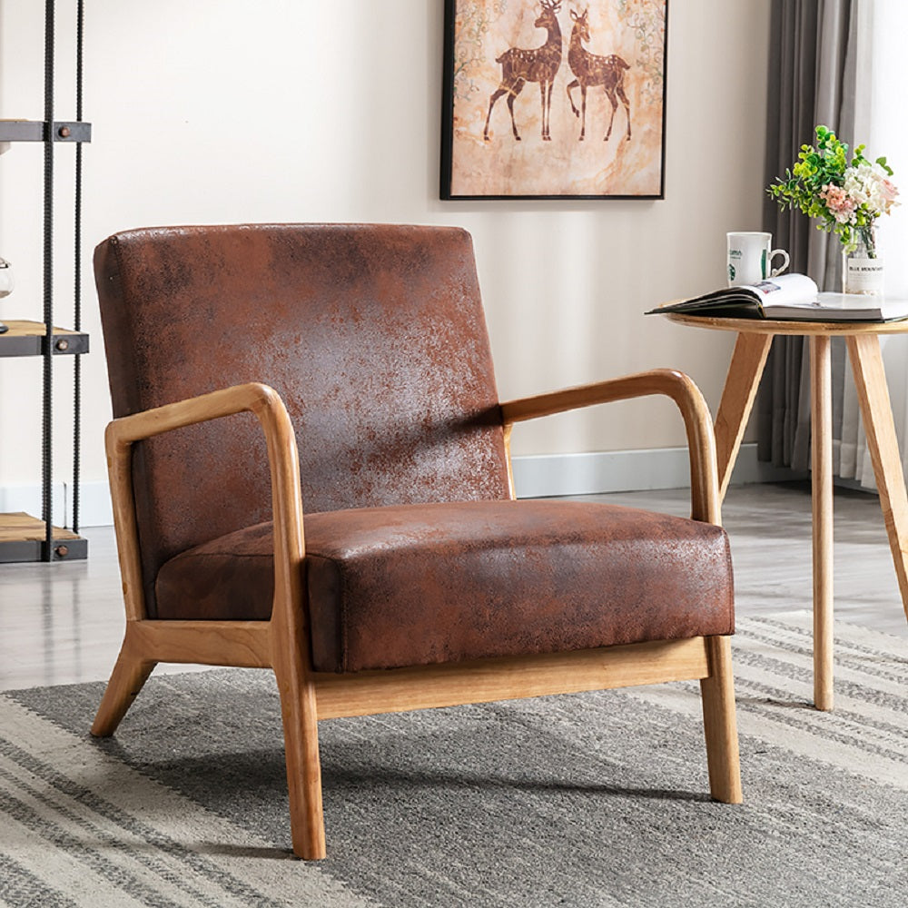 Classic Mid Century Modern Accent Chairs for Living Room or Bedroom, Espresso Finish Open-Framed Armchair with Plush Cushioning and Microfiber Upholstery, Brown