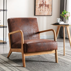 Classic Mid Century Modern Accent Chairs for Living Room or Bedroom, Espresso Finish Open-Framed Armchair with Plush Cushioning and Microfiber Upholstery, Brown