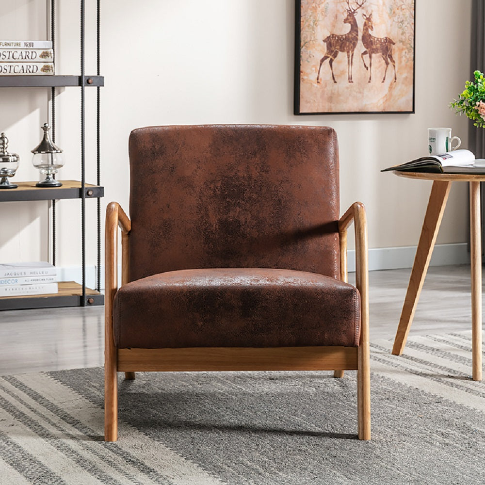Classic Mid Century Modern Accent Chairs for Living Room or Bedroom, Espresso Finish Open-Framed Armchair with Plush Cushioning and Microfiber Upholstery, Brown