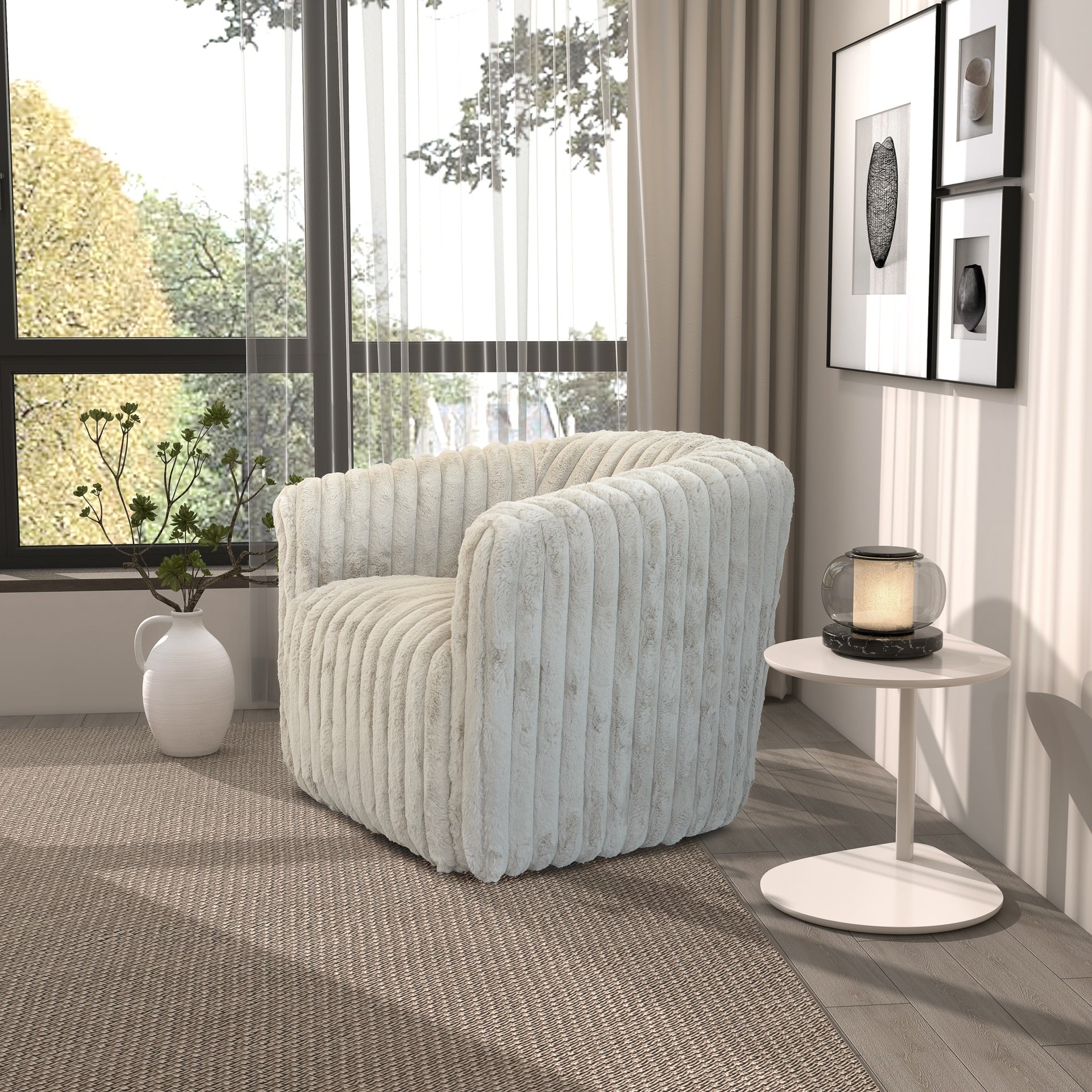 Elegant Style Mira Mid-Century Modern Velvet Swivel Chair with Channel Tufting in Light Grey Fabric 29.53" H x 33.86" W x 34.25" D for Living Room for Apartment, Loft, and Office