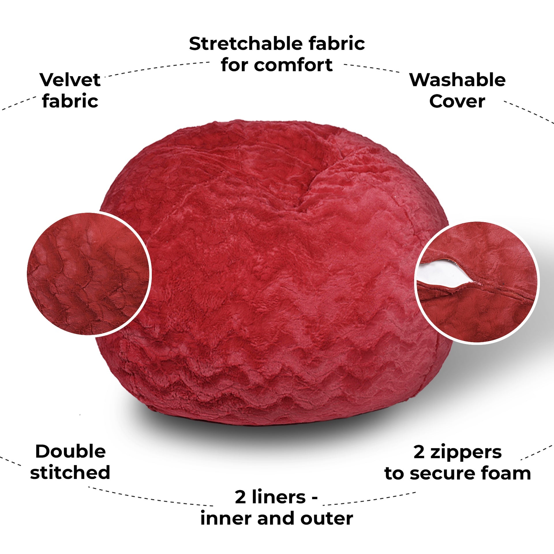 Faux Fur Bean Bag Chair, Red-4ft Cozy and Stretchable Fabric Lounger for Children and Adults with Easy-Clean Cover, Comfortable Faux Fur Seating for Bedrooms, Filled with Shredded and Memory Foam.