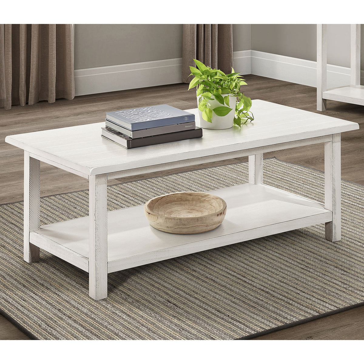 Castleton Distressed White Wood Coffee Table with Shelf