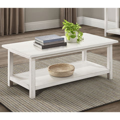 Castleton Distressed White Wood Coffee Table with Shelf