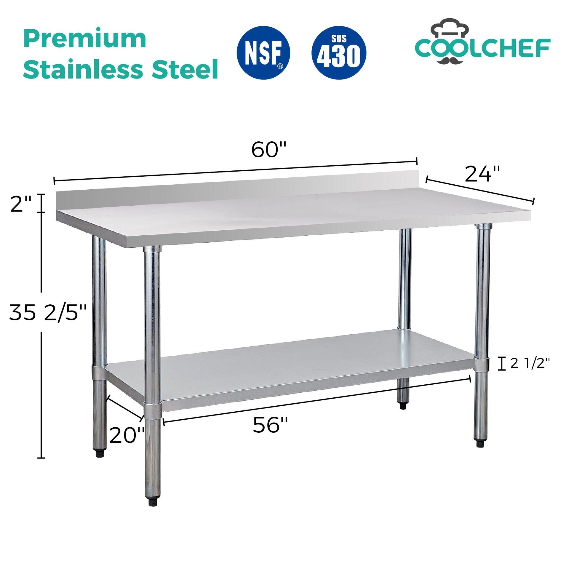 24" x 60" 18-Gauge Stainless Steel Commercial Work Table with 4" Backsplash and Undershelf