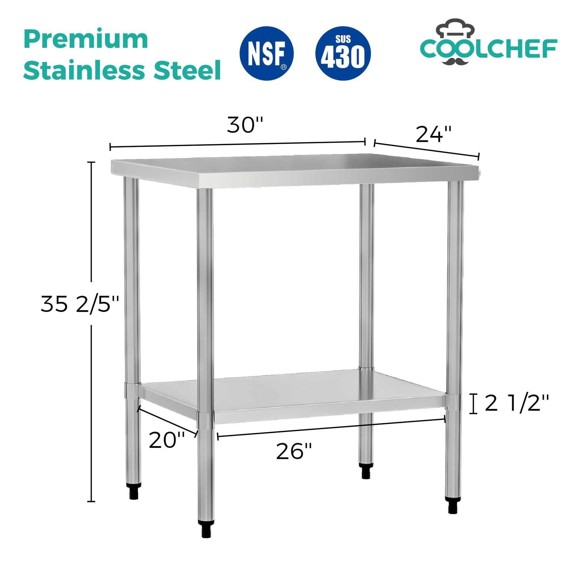 24" x 30" 18-Gauge Stainless Steel Commercial Work Table
