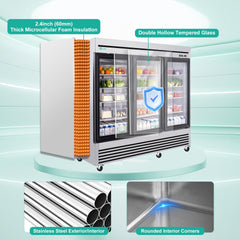 72" Cu Ft Three Glass Door Commercial Reach-In Display Refrigerator, Triple-Door Merchandiser Cooler 33–40°F, Stainless Steel, R290, ETL DOE