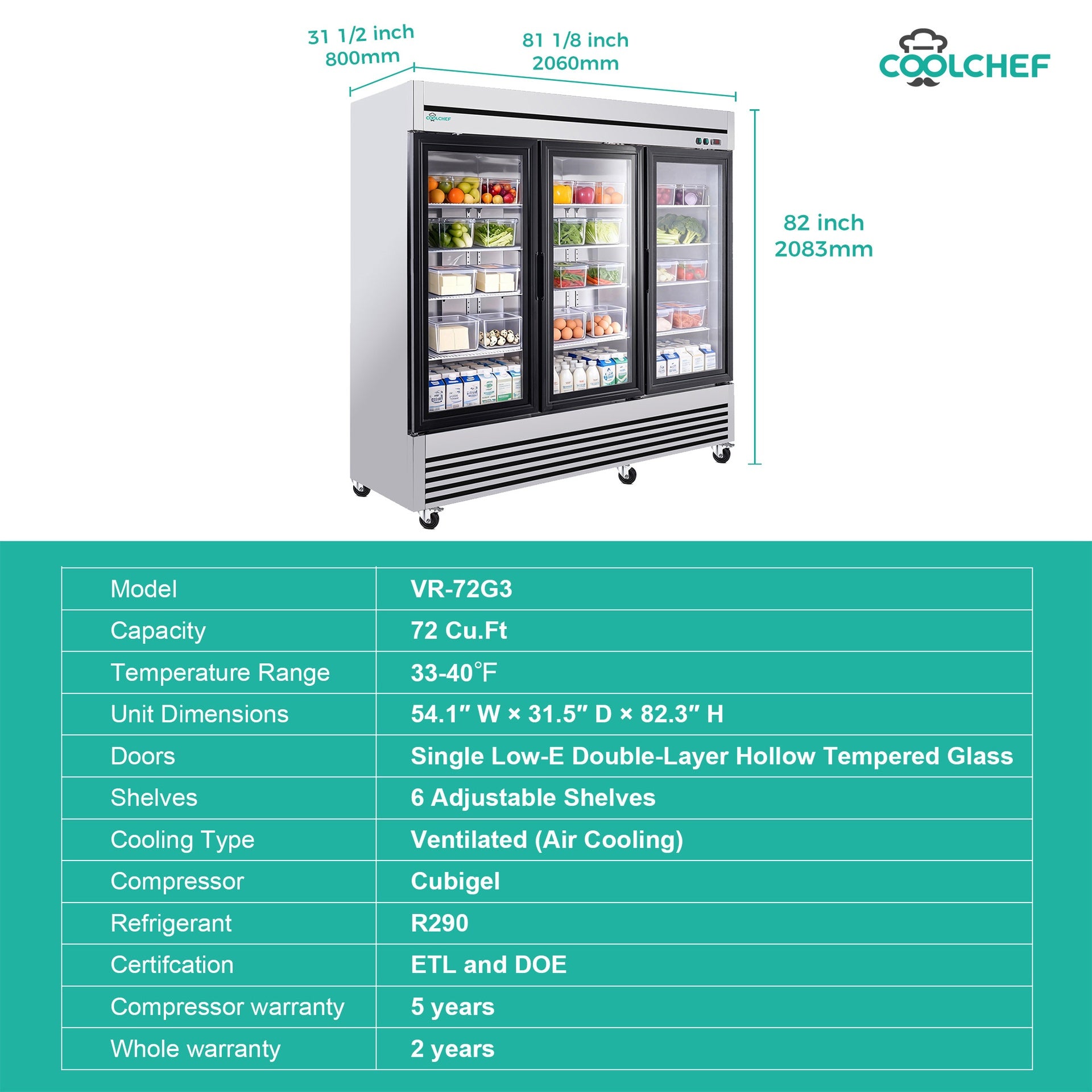 72" Cu Ft Three Glass Door Commercial Reach-In Display Refrigerator, Triple-Door Merchandiser Cooler 33–40°F, Stainless Steel, R290, ETL DOE