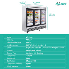 72" Cu Ft Three Glass Door Commercial Reach-In Display Refrigerator, Triple-Door Merchandiser Cooler 33–40°F, Stainless Steel, R290, ETL DOE