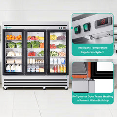 72" Cu Ft Three Glass Door Commercial Reach-In Display Refrigerator, Triple-Door Merchandiser Cooler 33–40°F, Stainless Steel, R290, ETL DOE