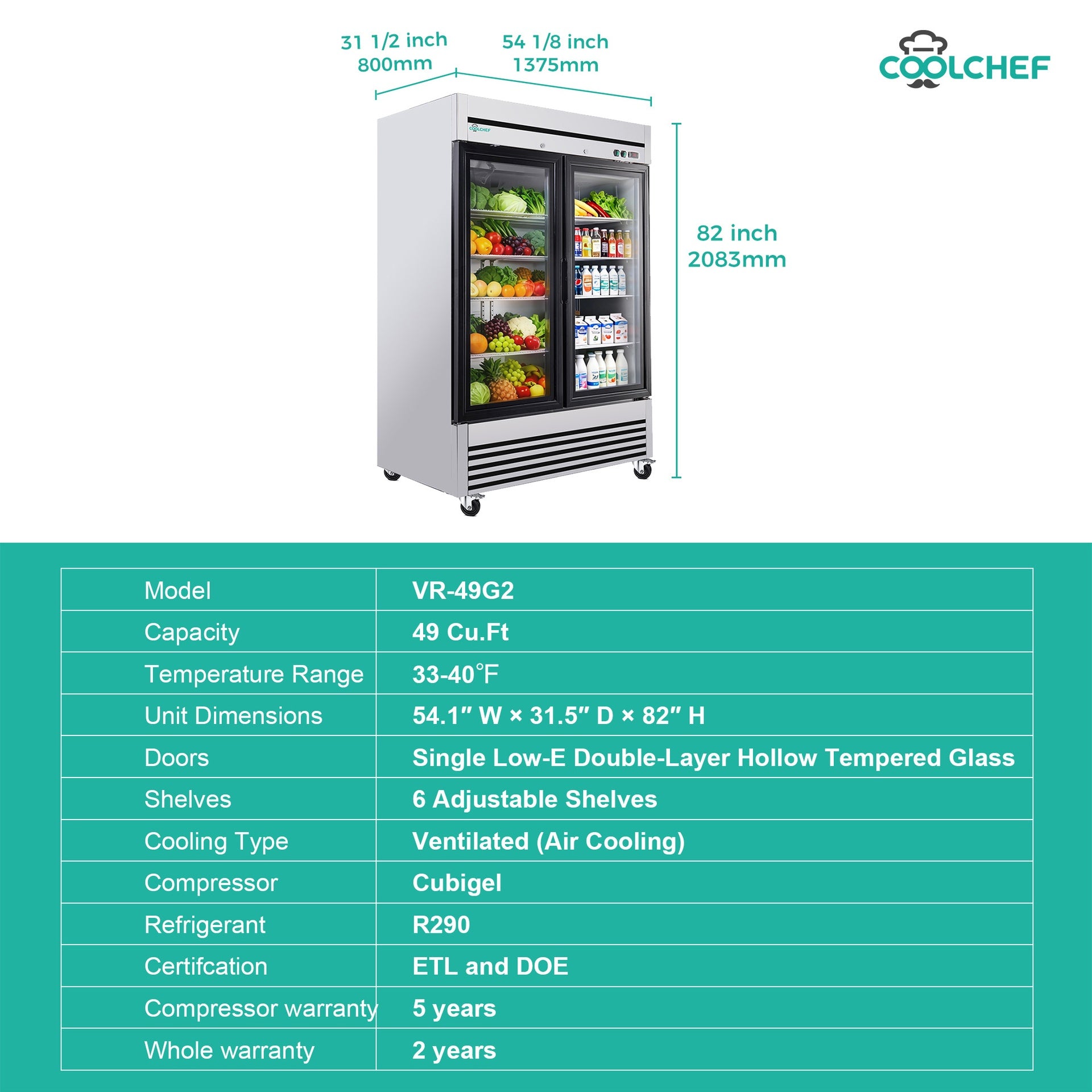 49" Cu Ft Two Glass Door Commercial Reach-In Display Refrigerator, Upright Merchandiser Cooler 33–40°F, Stainless Steel, R290, ETL DOE