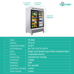 49" Cu Ft Two Glass Door Commercial Reach-In Display Refrigerator, Upright Merchandiser Cooler 33–40°F, Stainless Steel, R290, ETL DOE