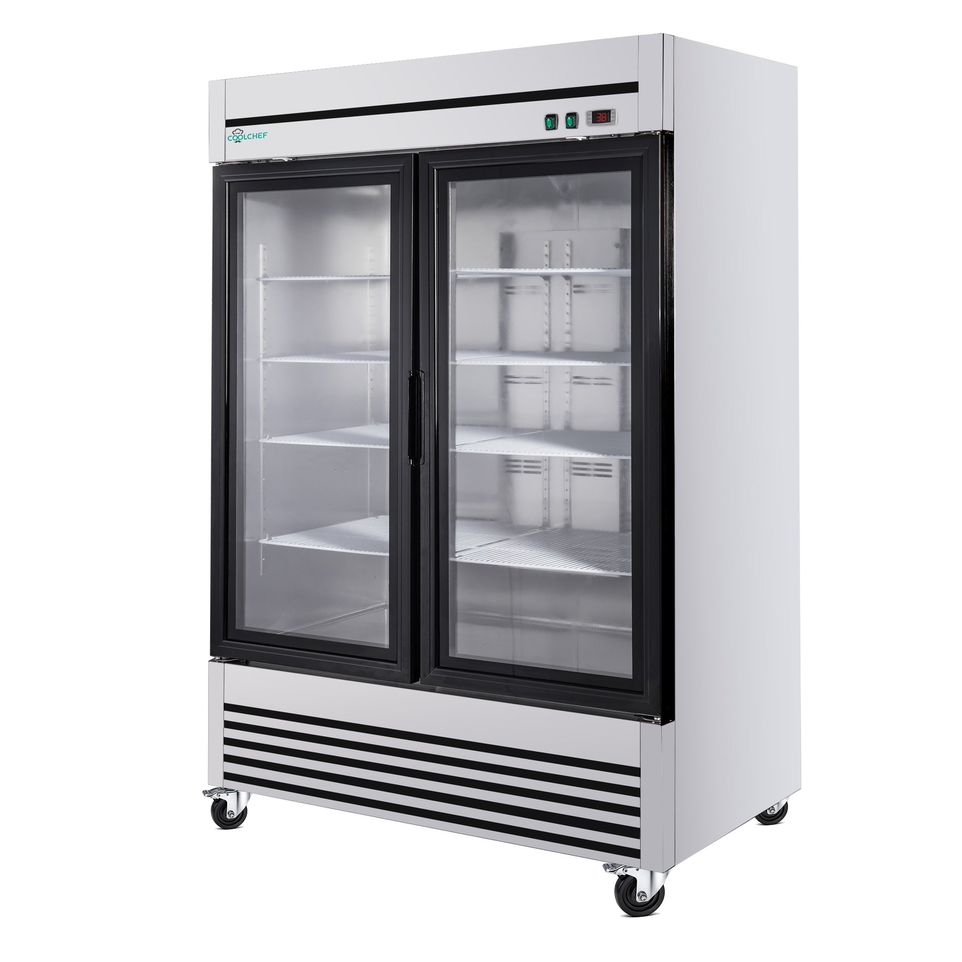 49" Cu Ft Two Glass Door Commercial Reach-In Display Refrigerator, Upright Merchandiser Cooler 33–40°F, Stainless Steel, R290, ETL DOE
