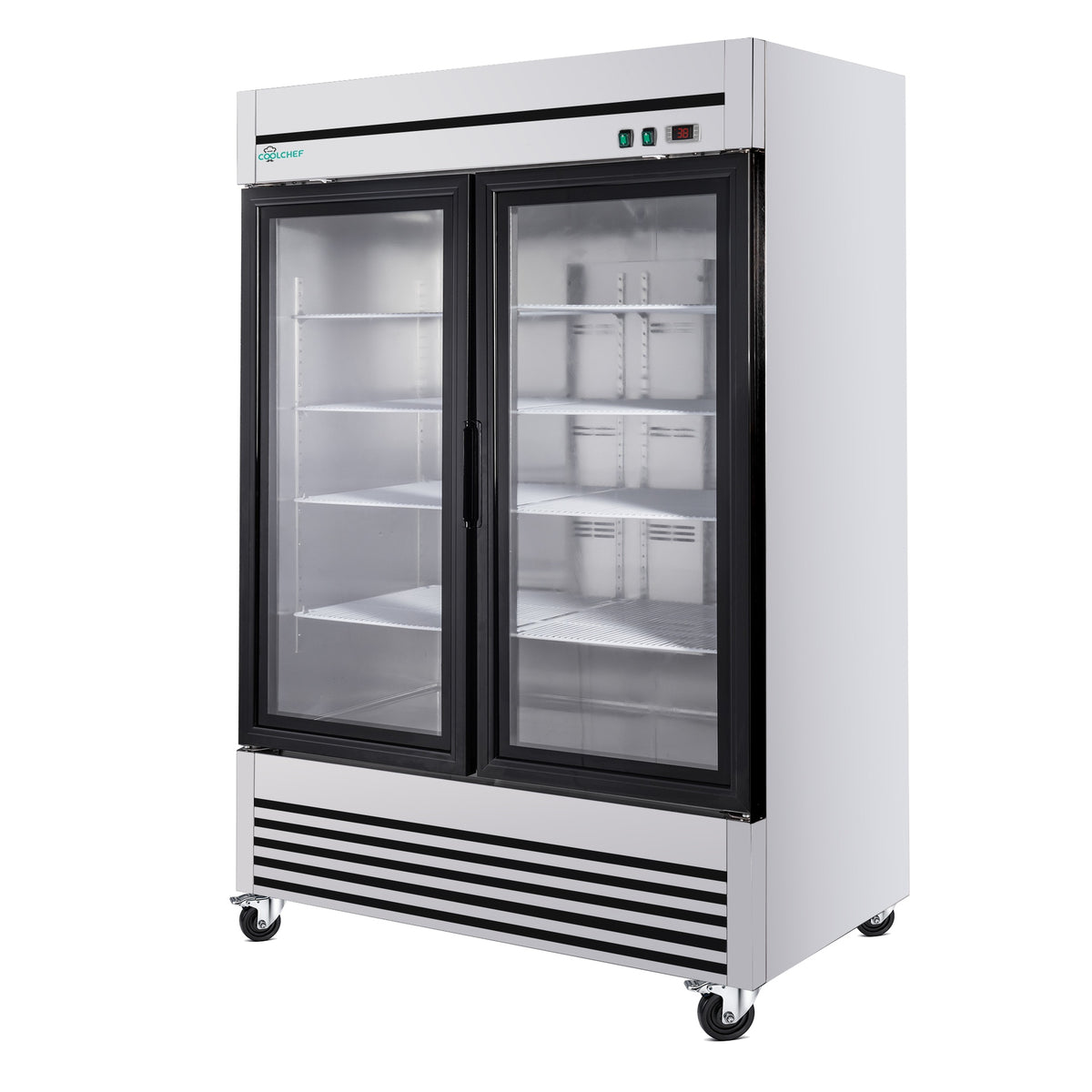 49" Cu Ft Two Glass Door Commercial Reach-In Display Refrigerator, Upright Merchandiser Cooler 33–40°F, Stainless Steel, R290, ETL DOE