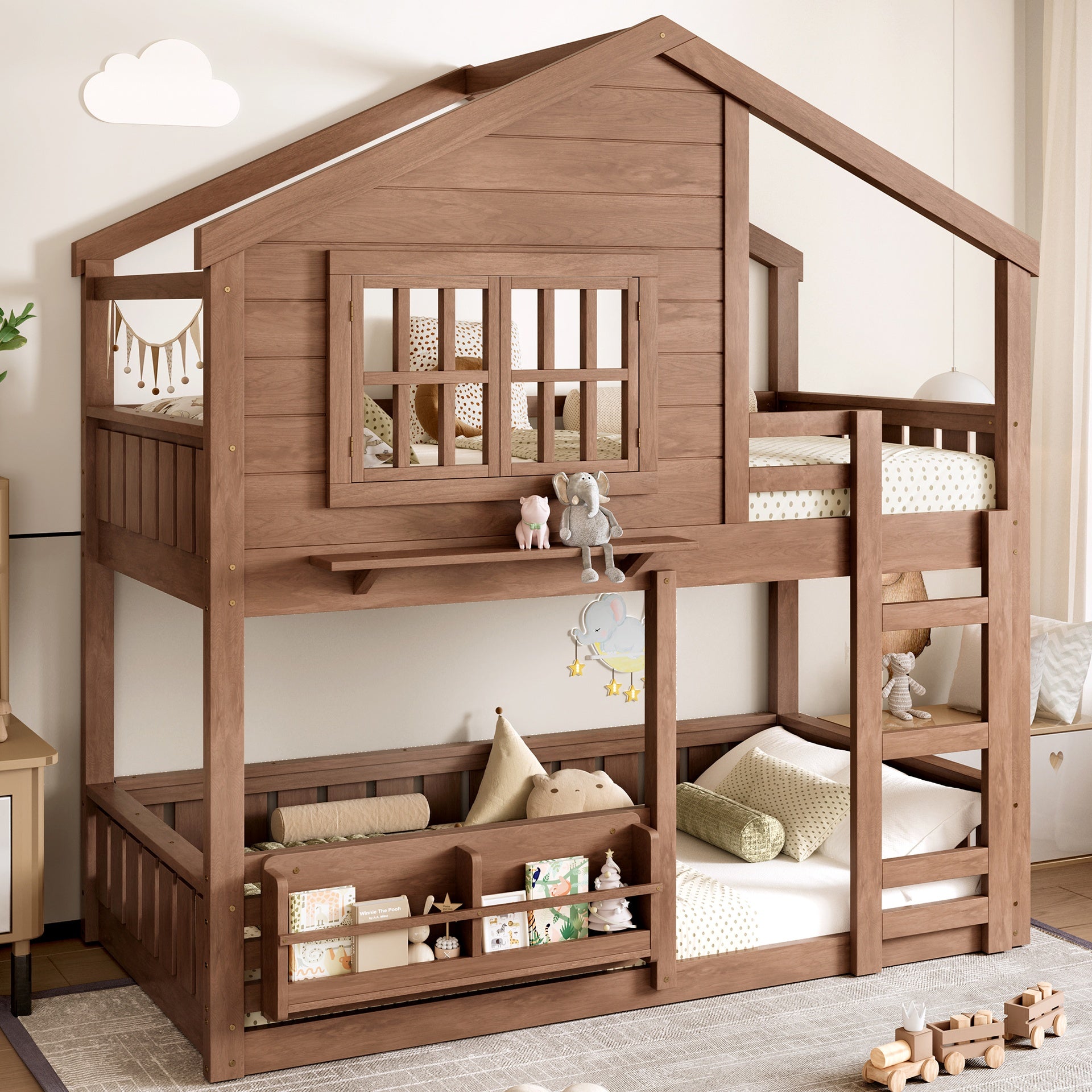 Twin Size Bunk Bed/Loft Bed with Bookshelf, House Design, High-Quality Safety Fencing,Natural